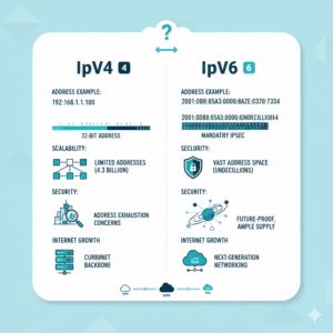 Comparison of IPv4 and IPv6 address formats and features.