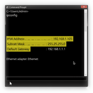 Windows ipconfig command showing IPv4 address information.