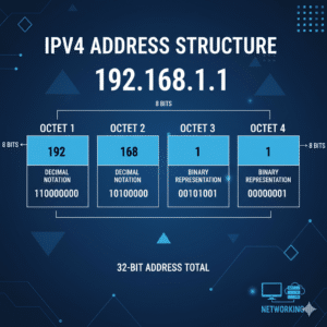 IPv4 address structure showing four octets and decimal notation