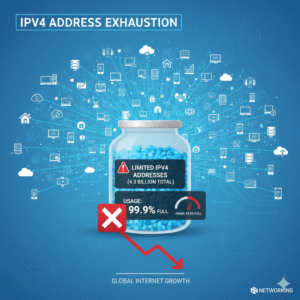Illustration showing billions of internet devices consuming limited IPv4 addresses, smartphones, laptops, servers and IoT devices connected to the internet, address exhaustion concept, professional infographic