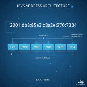 IPv6 address structure showing hexadecimal groups and 128-bit format