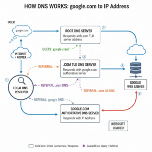 Simple DNS infographic showing domain name google.com converting into IP address, educational networking diagram, beginner friendly