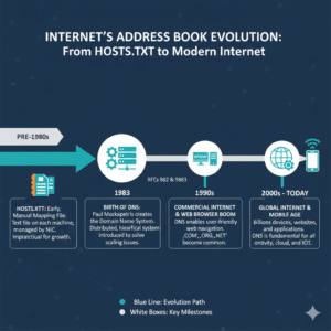 Timeline infographic showing HOSTS.TXT, creation of DNS in 1983, growth of the modern internet