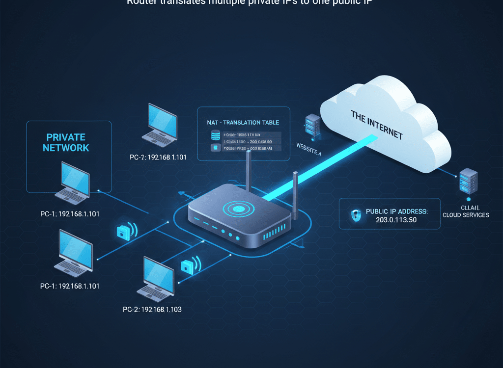 What is NAT explained with router translating private IP addresses to a public IP address