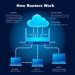 How routers work showing packet forwarding routing table NAT DHCP and DNS process