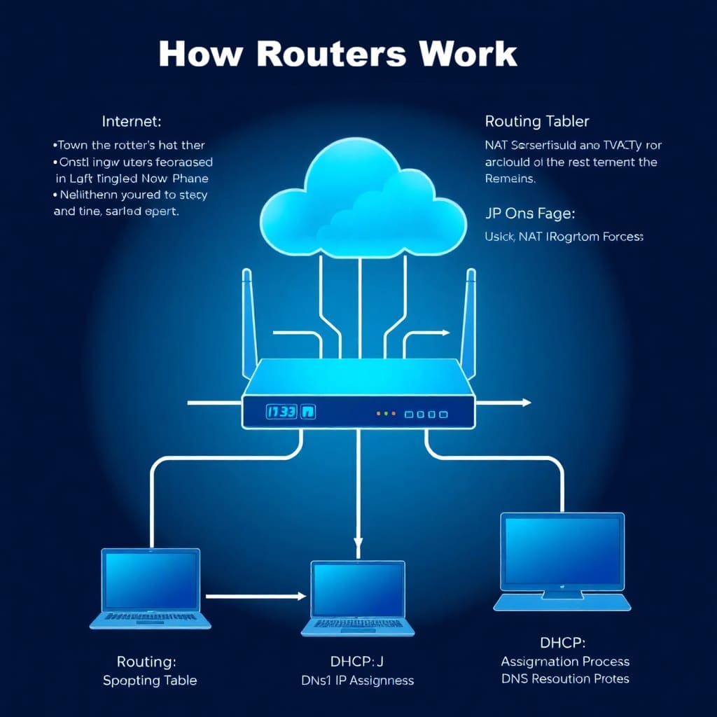 How routers work showing packet forwarding routing table NAT DHCP and DNS process