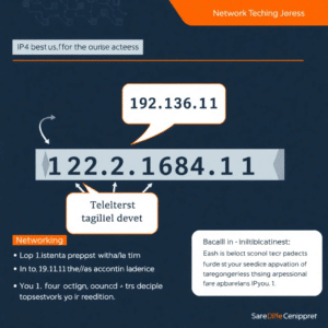 IPv4 address structure showing four octets and numerical format.