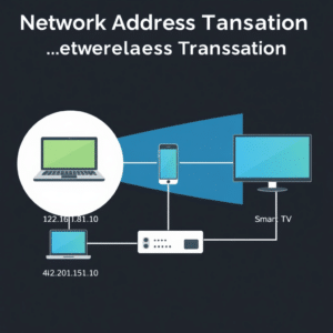 Network Address Translation infographic showing laptop 192.168.1.10, smartphone 192.168.1.20 and smart TV 192.168.1.30 connecting through router translating to public IP 49.205.150.10. Professional networking visualization.