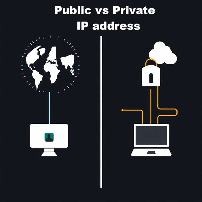 Public vs private IP address comparison showing internet connectivity and private network communication